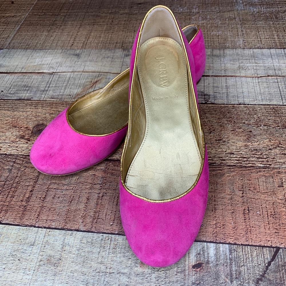 J CREW  Pink Suede Ballet Flats Gold Trim Italy